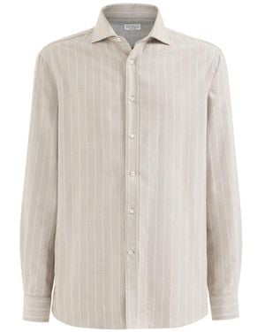 Brunello Cucinelli Lyocell And Cotton Chalk Stripe Flannel Shirt With Spread Collar - White