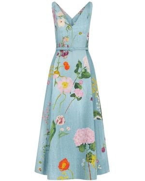 Oscar de la Renta Botanical-Print Belted Midi Dress - Blue