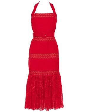 Self-Portrait Lace-Panelled Belted Midi Dress - Red