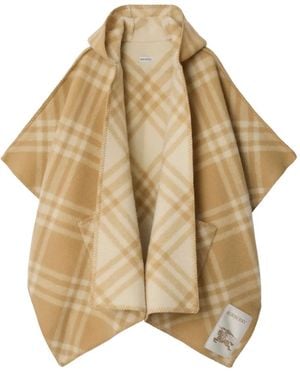 Burberry Hooded Check Wool Cape - Natural