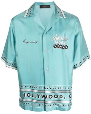 Amiri Record Print Short Sleeve Silk Camp Shirt - Blue