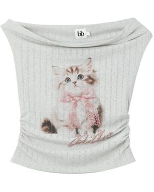B+ AB Cat-Print Ruched T-Shirt - White