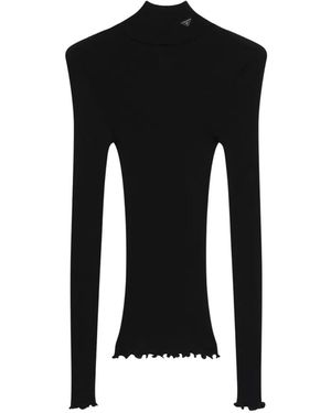 Prada Ribbed-Knit High-Neck Triangle-Logo T-Shirt - Black