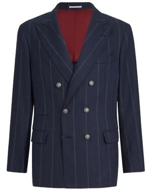 Brunello Cucinelli Cashmere And Virgin Wool Multistripe Twill One-And-A-Half Breasted Deconstructed Blazer With Metal Buttons - Blue
