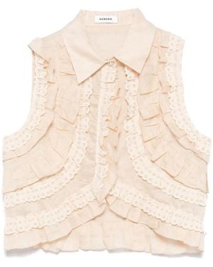 Sandro Ruffle Sleeveless Linen-Blend Shirt - Natural