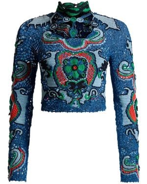 Etro Cropped Cotton Jumper With Crochet-Effect Floral Motif - Blue