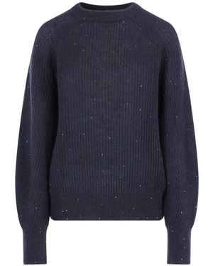 Brunello Cucinelli Sequin-Embellished Ribbed-Knit Jumper - Blue