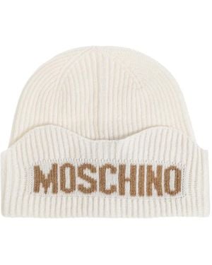 Moschino Berretto A Coste Con Logo - Bianco