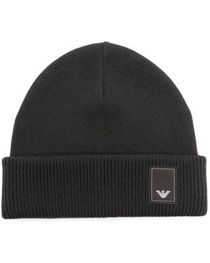 Emporio Armani Geribbelde Muts Met Logoplakkaat - Zwart