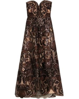 Elie Saab Sequin-Embellished Embroidered Maxi Dress - Brown