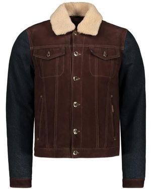 Moorer Shearling-Collar Panelled Denim Jacket - Brown