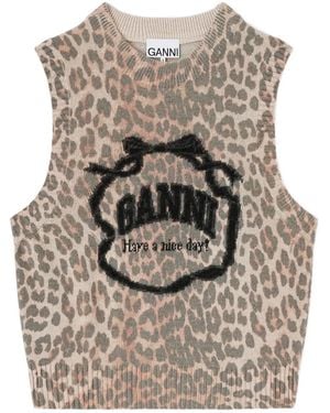 Ganni Crew Neck Vest With Graphic Print - Grey