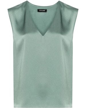 Styland V-Neck Sleeveless Satin Blouse - Green
