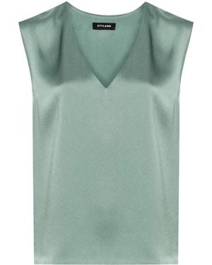 Styland V-Neck Sleeveless Satin Blouse - Green