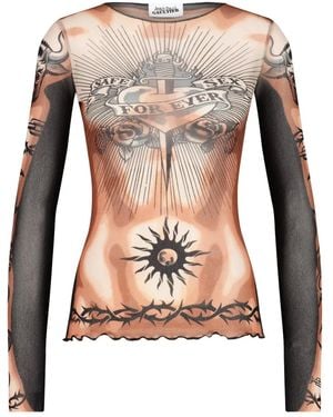 Jean Paul Gaultier Tattoo-Inspired Sheer Long-Sleeved Top With Bold Motifs - Multicolor