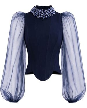 Gemy Maalouf Beaded High-Neck Top - Blue