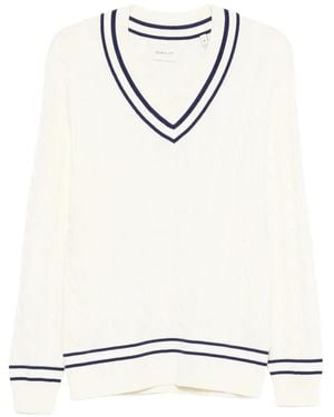 GANT Cable-Knit Striped-Trim Jumper - White