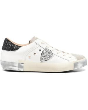 Philippe Model Glitter-Detail Leather Sneakers - White