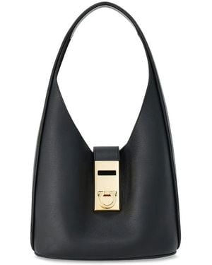 Ferragamo Grained Leather Gancini Hobo Bag - Black