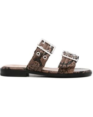 Ganni Buckle-Fastening Snakeskin-Effect Sandals - White