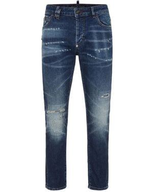 Philipp Plein Distressed Logo-Plaque Jeans - Blue