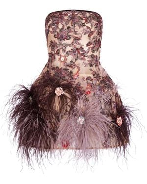 IMROSKA 29 Spring Embellished Feather-Trim Mini Dress - Natural