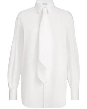 Brunello Cucinelli Stretch Cotton Poplin Shirt With Tie And Monili - White
