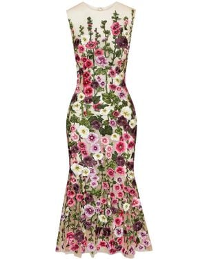 Oscar de la Renta Floral-Embroidery Sleeveless Dress - Red