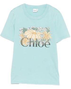 Chloé Flower-Print T-Shirt - Blue