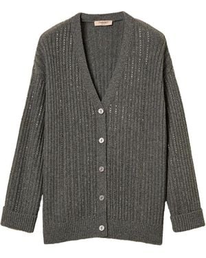 Twinset Wool Blend Cardigan With Rhinestones - Gray