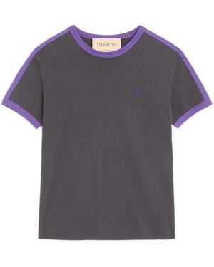 Valentino Garavani Cotton T-Shirt With Crew Neck, Contrasting Side Bands And Vlogo Embroidery - Grey