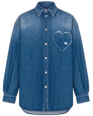 Moschino Frayed Heart-Patch Denim Shirt - Blue