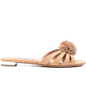 Aquazzura Movida Crystal-Embellished Pom-Pom Sandals - Natural
