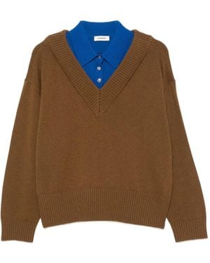 Sandro V-Neck Ribbed-Trim Polo Sweater - Brown