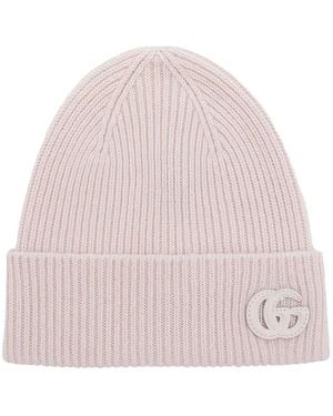 Gucci Logo-Patch Ribbed Beanie Hat - Pink