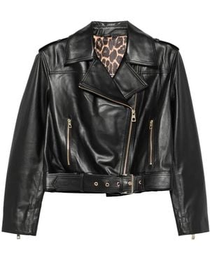 ADRIANNA FERETTI Belted Leather Biker Jacket - Black