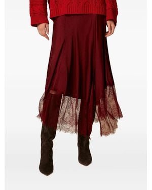 Twinset Satin Lace-Trim Midi Skirt - Red