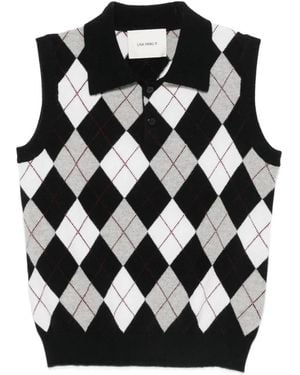 Lisa Yang Anwen Argyle-Knit Polo Top - Black