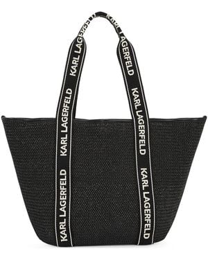 KARL LAGERFELD Signature Raffia Beach Tote Bag - Black