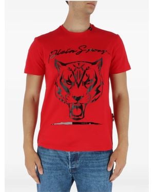 Philipp Plein Tiger-Head Graphic-Print T-Shirt - Red