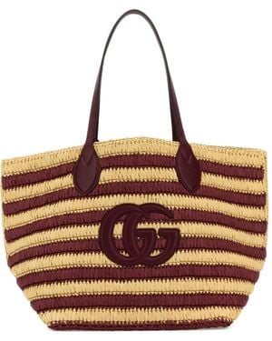 Gucci Woven Striped Raffia Gg Logo Bag - Brown