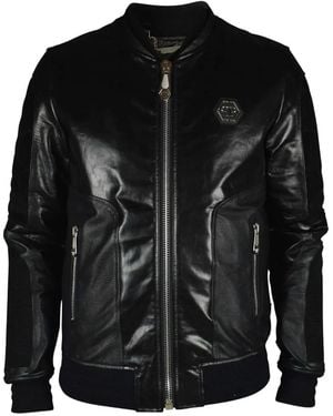 Philipp Plein Leather Bomber Jacket With Suede Inserts - Black