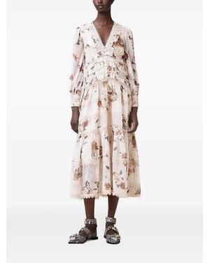 AllSaints Zora Floral-Print Lace-Insert Midi Dress - White