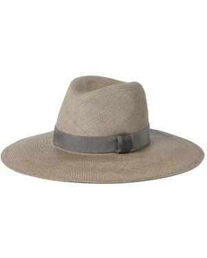 Brunello Cucinelli Leather Straw Fedora Hat - Grey