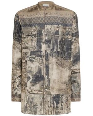 Pierre Louis Mascia Aloe Band Collar Tapestry Print Longsleeve Shirt - Grey