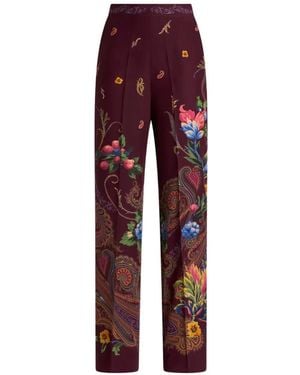 Etro Silk Pants With Micro Motif And Placed Floral Paisley Print - Red