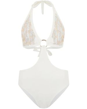 Roberto Cavalli Jaguar-Motif Embellished Cut-Out Swimsuit - White