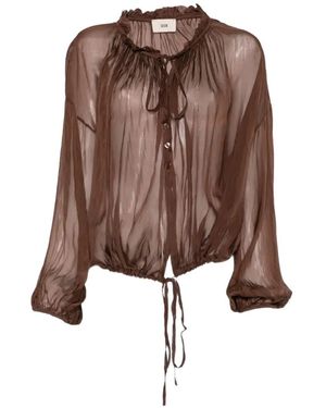 SOLOTRE Ruffled-Trim Sheer Blouse - Brown