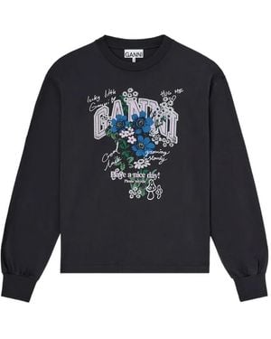 Ganni Floral-Print Long-Sleeve T-Shirt - Blue