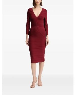 Hervé Léger Athena V-Neck Midi Dress - Red